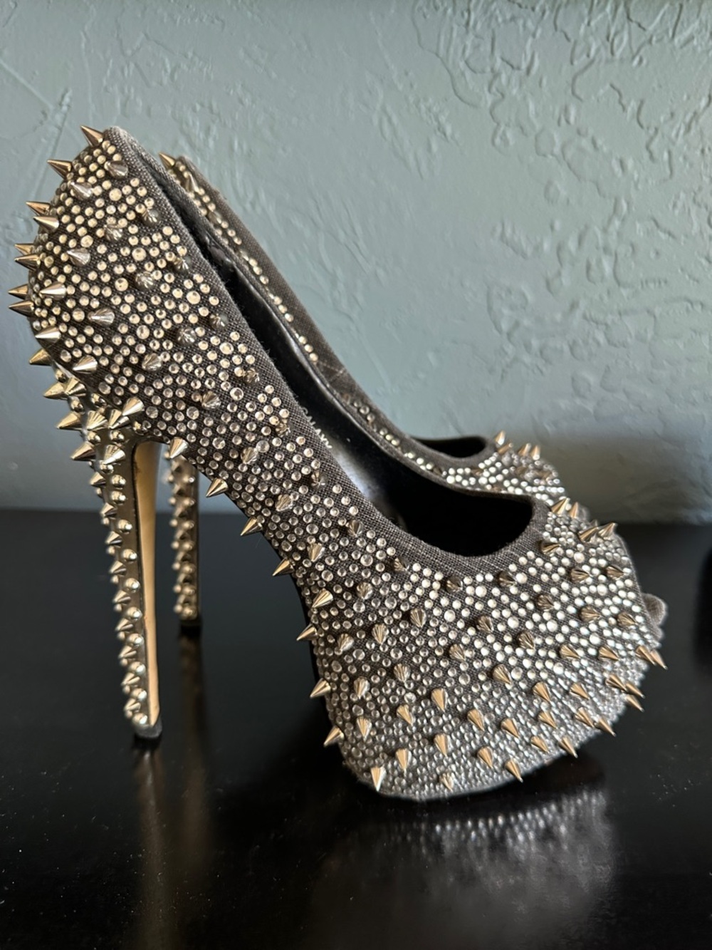 Spiked Crystal Platform Pumps - Women's Gray and silver heels
